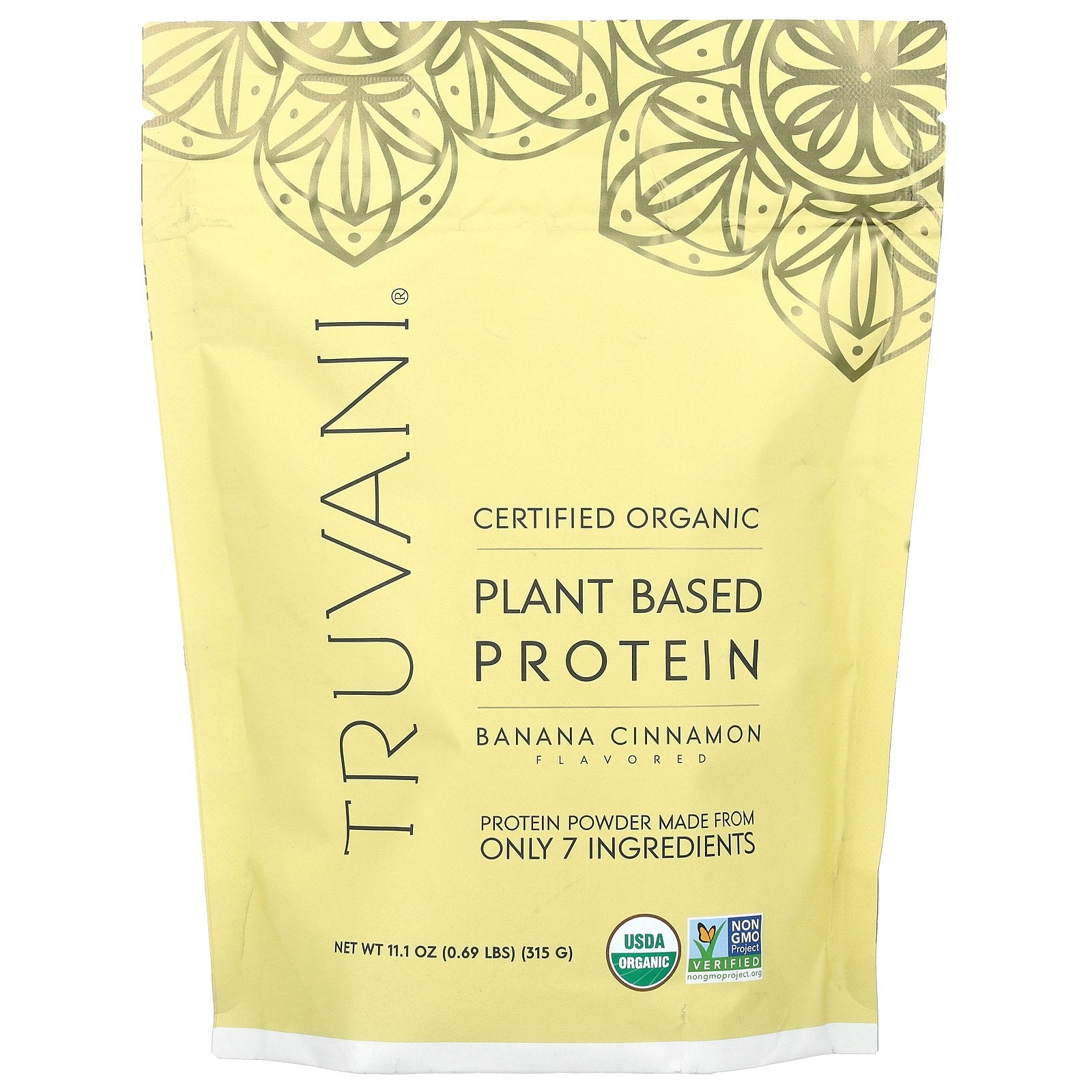 Truvani, Certified Organic Plant Based Protein, Banana Cinnamon, 0.69 lbs (315 g)