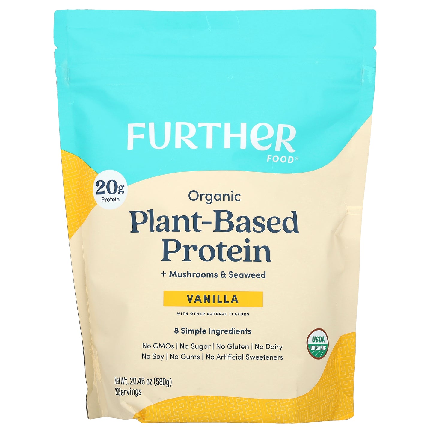 Further Food, Organic Plant-Based Protein + Mushrooms & Seaweed, Vanilla, 20.46 oz (580 g)