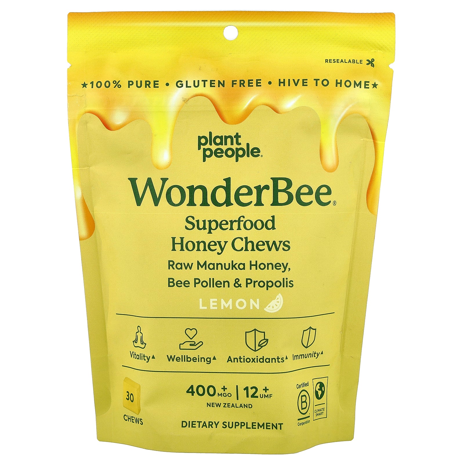 Plant People, WonderBee®, Superfood Honey Chews, Lemon, MGO 400+ , 30 Chews