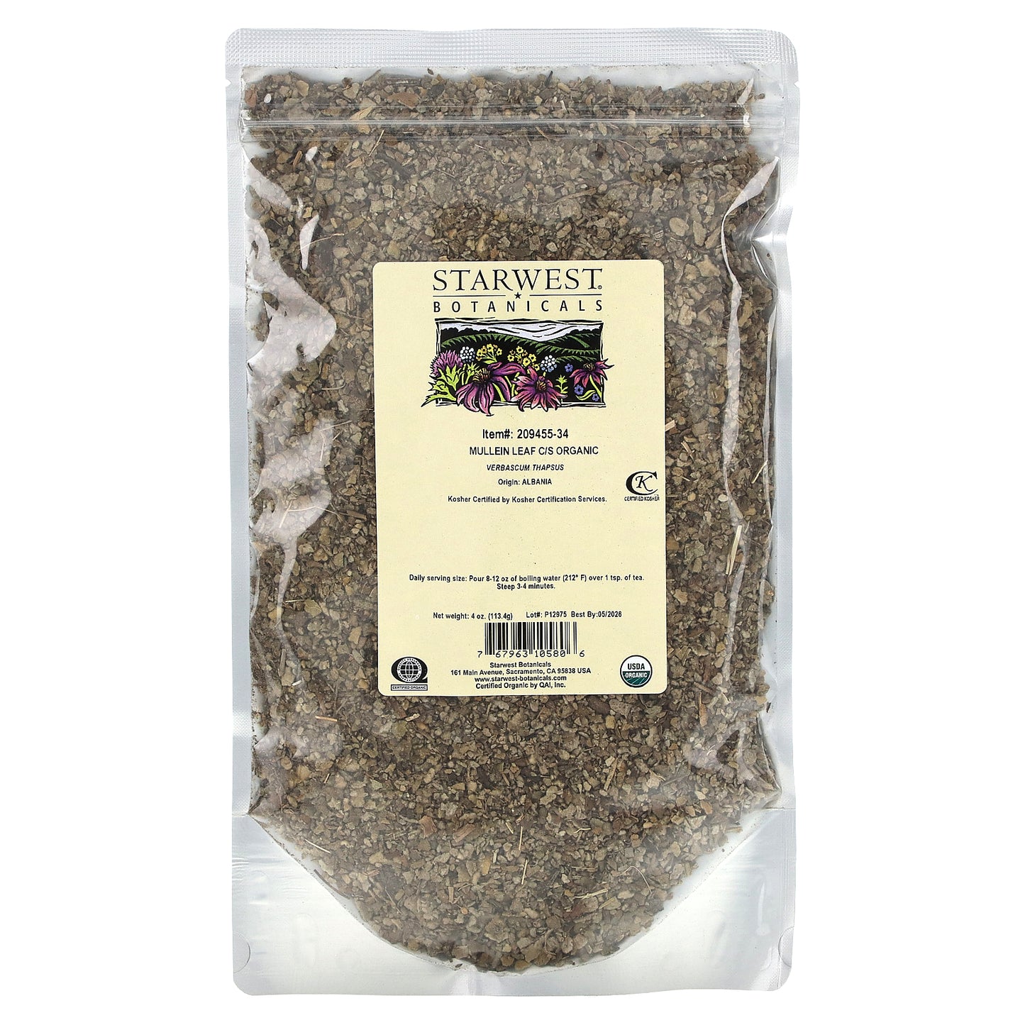 Starwest Botanicals, Organic Mullein Leaf, Cut & Sifted, 4 oz (113.4 g)