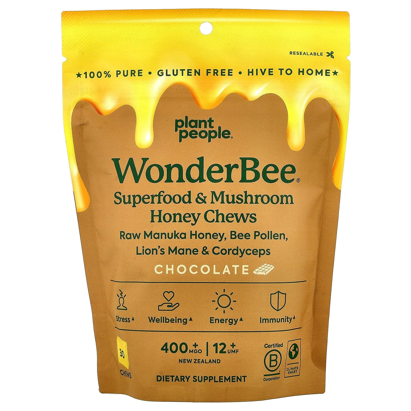 Plant People, WonderBee® Superfood & Mushroom Honey Chews, Chocolate, 30 Chews