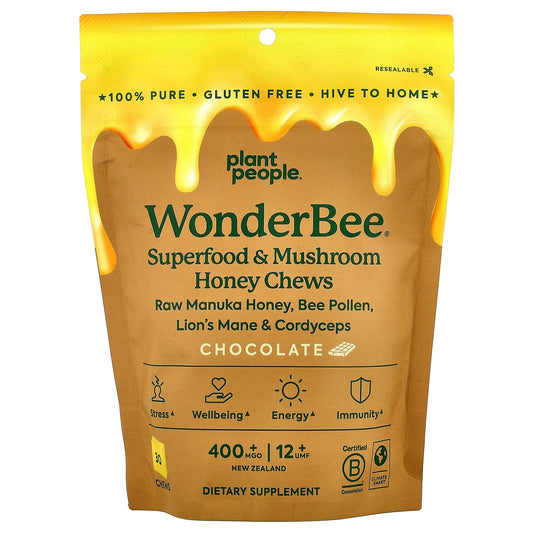 Plant People, WonderBee® Superfood & Mushroom Honey Chews, Chocolate, 30 Chews