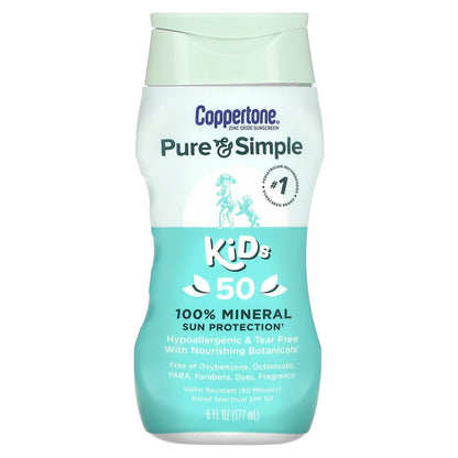 Coppertone, Pure & Simple, Kids, 100% Mineral Sun Protection, SPF 50, 6 fl oz (177 ml)