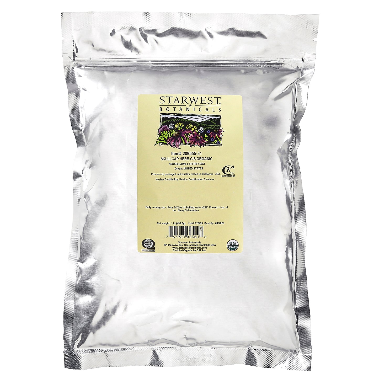 Starwest Botanicals, Organic Skullcap Herb C/S, 1 lb (453.6 g)