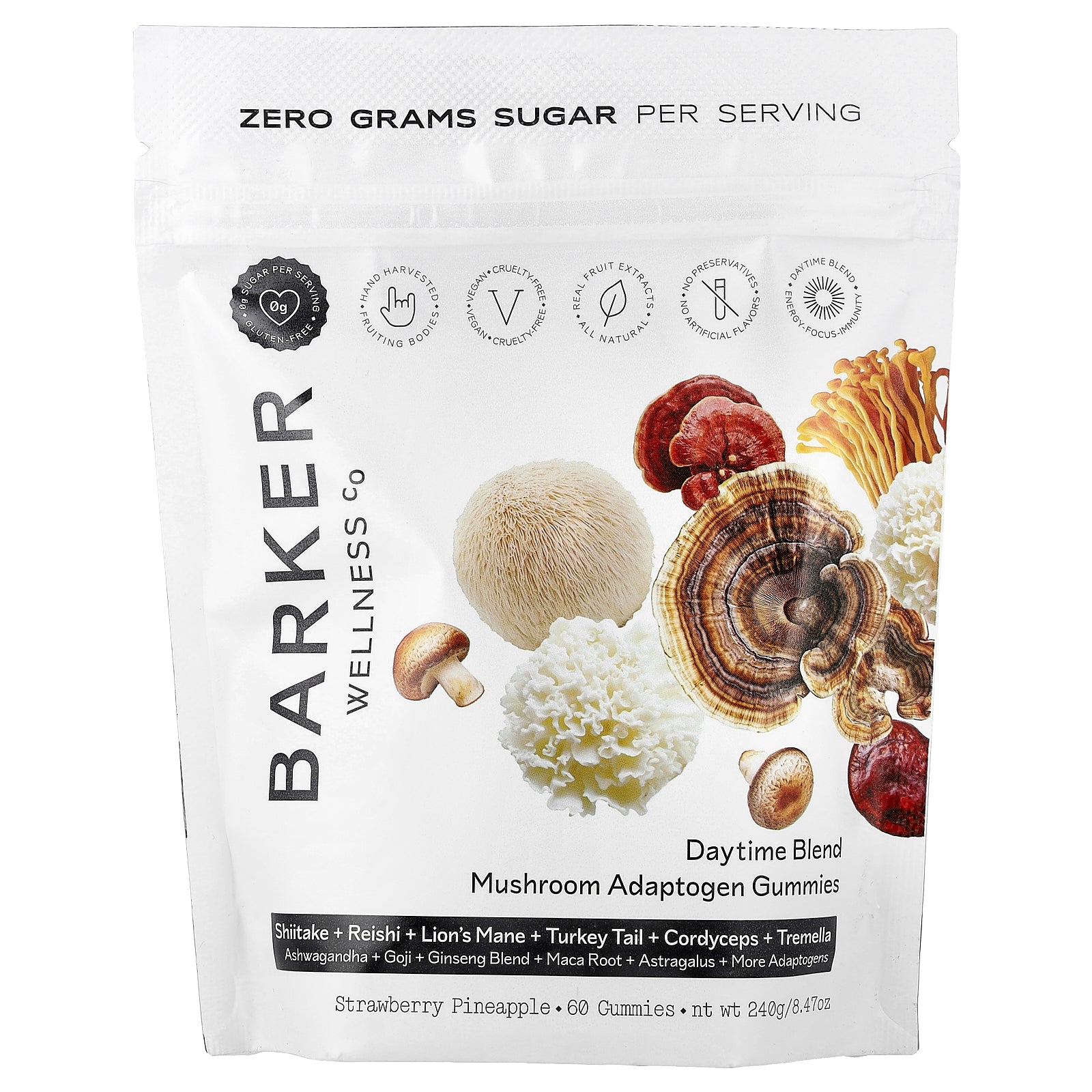 Barker Wellness Co, Daytime Blend, Mushroom Adaptogen Gummies, Strawberry Pineapple, 60 Gummies