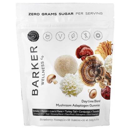Barker Wellness Co, Daytime Blend, Mushroom Adaptogen Gummies, Strawberry Pineapple, 60 Gummies