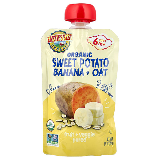Earth's Best, Organic Fruit + Veggie Puree, 6+ Months, Sweet Potato Banana + Oat, 3.5 oz (99 g)
