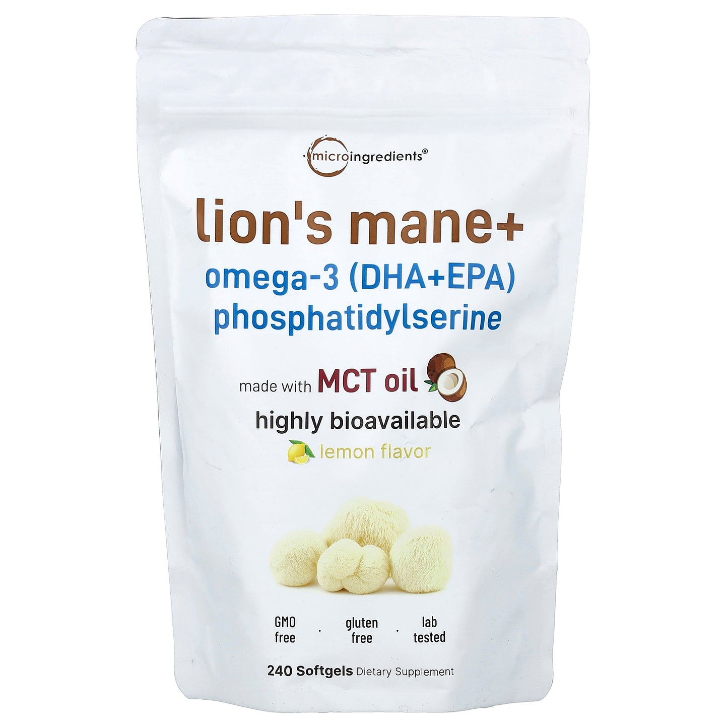 Micro Ingredients, Lion's Mane + Omega-3 (DHA+EPA) Phosphatidylserine, Lemon, 240 Softgels