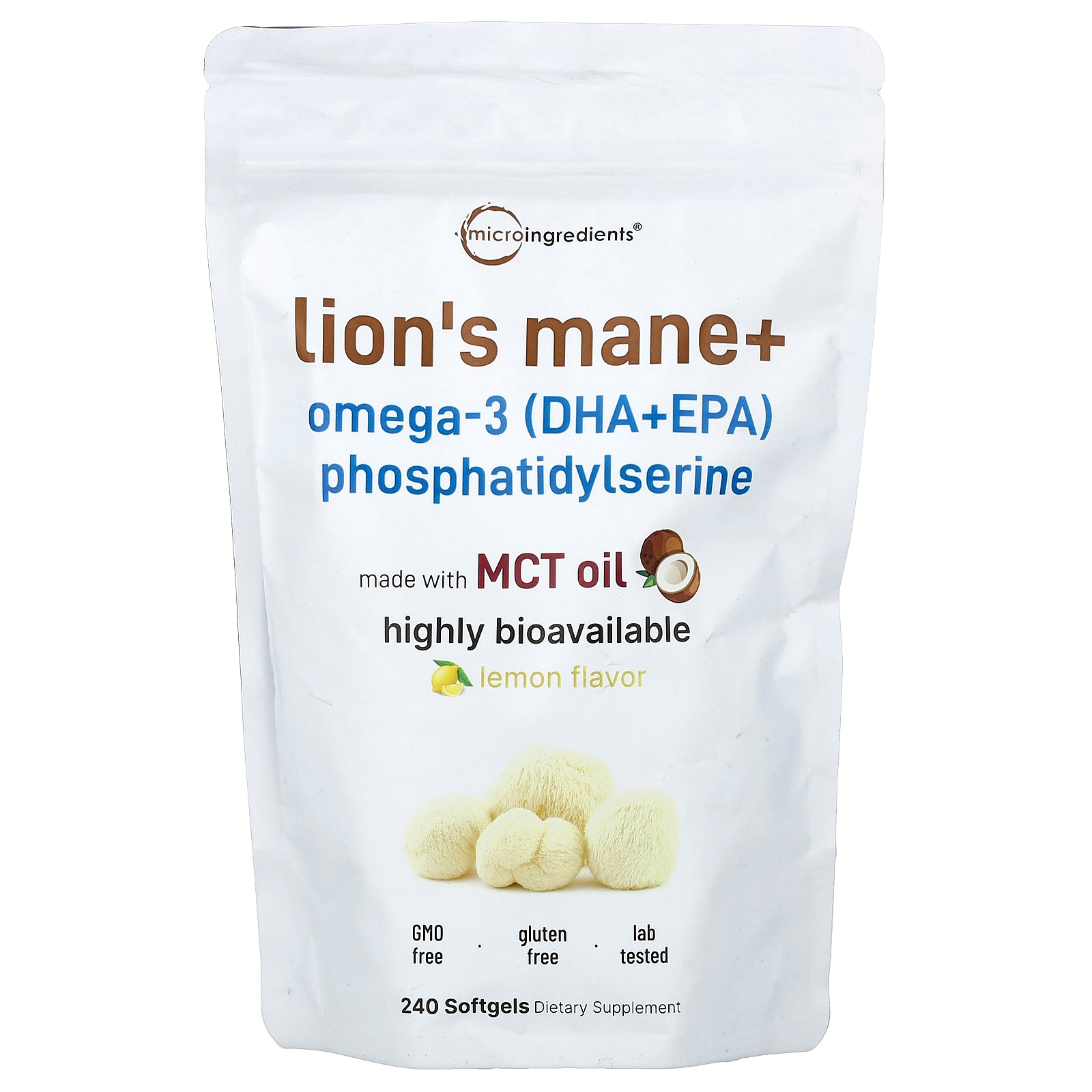 Micro Ingredients, Lion's Mane + Omega-3 (DHA+EPA) Phosphatidylserine, Lemon, 240 Softgels