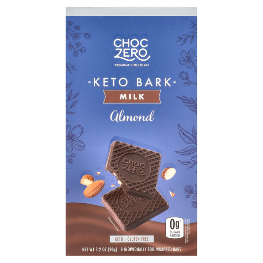 ChocZero, Keto Bark, Milk Chocolate, Almond, 8 Individually Foil Wrapped Bars, 3.2 oz (90 g)