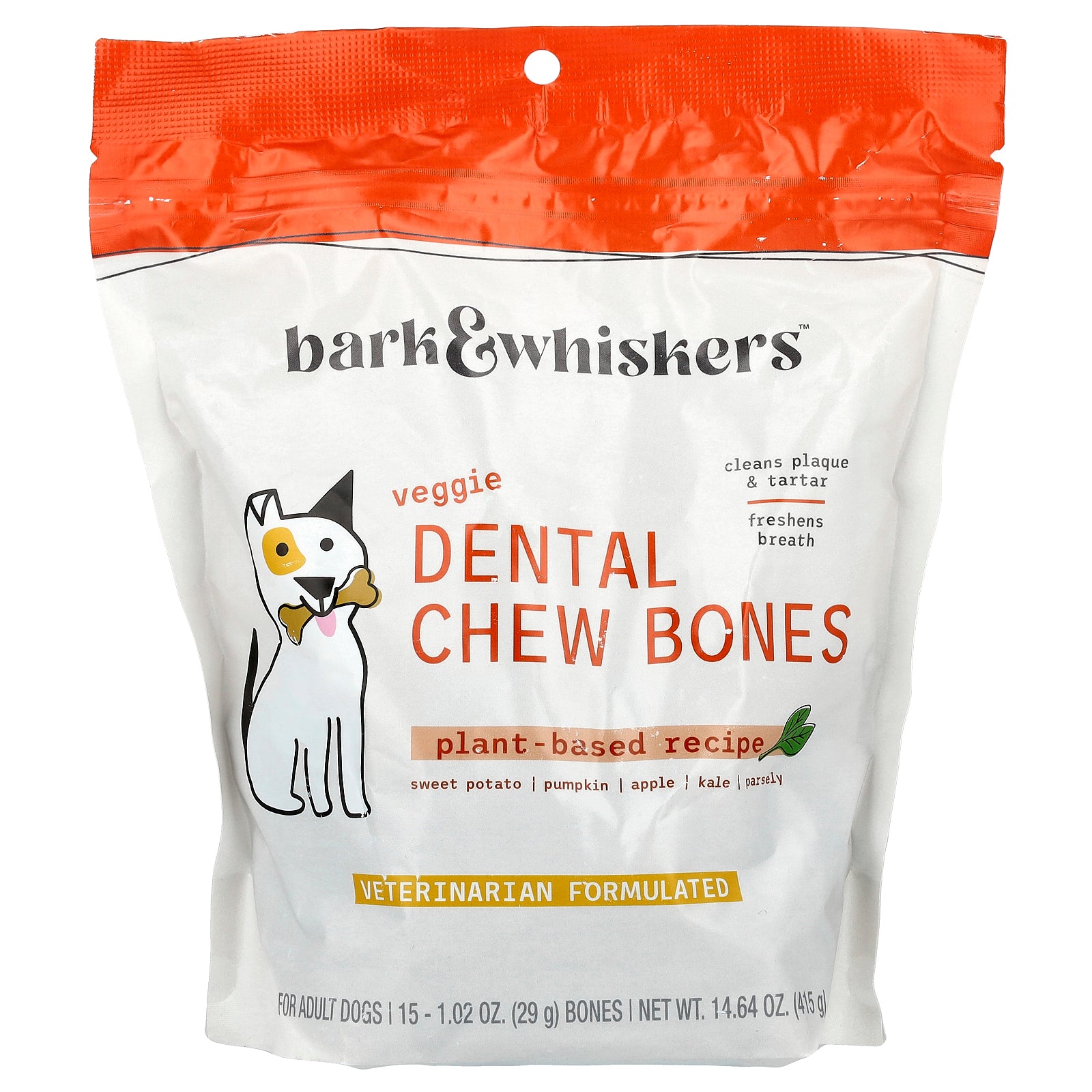 Dr. Mercola, Bark & Whiskers™, Dental Chew Bones, For Adult Dogs, Veggie, 15 Bones, 1.02 oz (29 g) Each