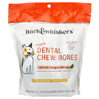 Dr. Mercola, Bark & Whiskers™, Dental Chew Bones, For Adult Dogs, Veggie, 15 Bones, 1.02 oz (29 g) Each