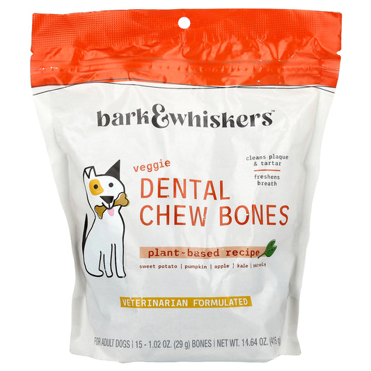 Dr. Mercola, Bark & Whiskers™, Dental Chew Bones, For Adult Dogs, Veggie, 15 Bones, 1.02 oz (29 g) Each