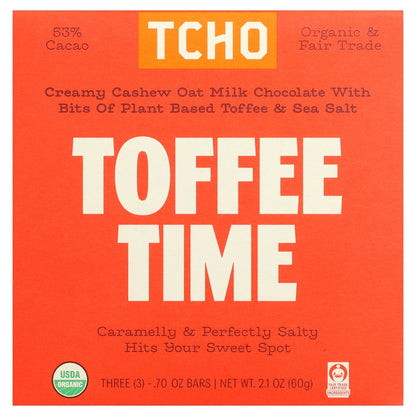 TCHO, Toffee Time, Oat Milk Chocolate With Toffee & Sea Salt, 53% Cacao, 3 Bars, 0.70 oz Each