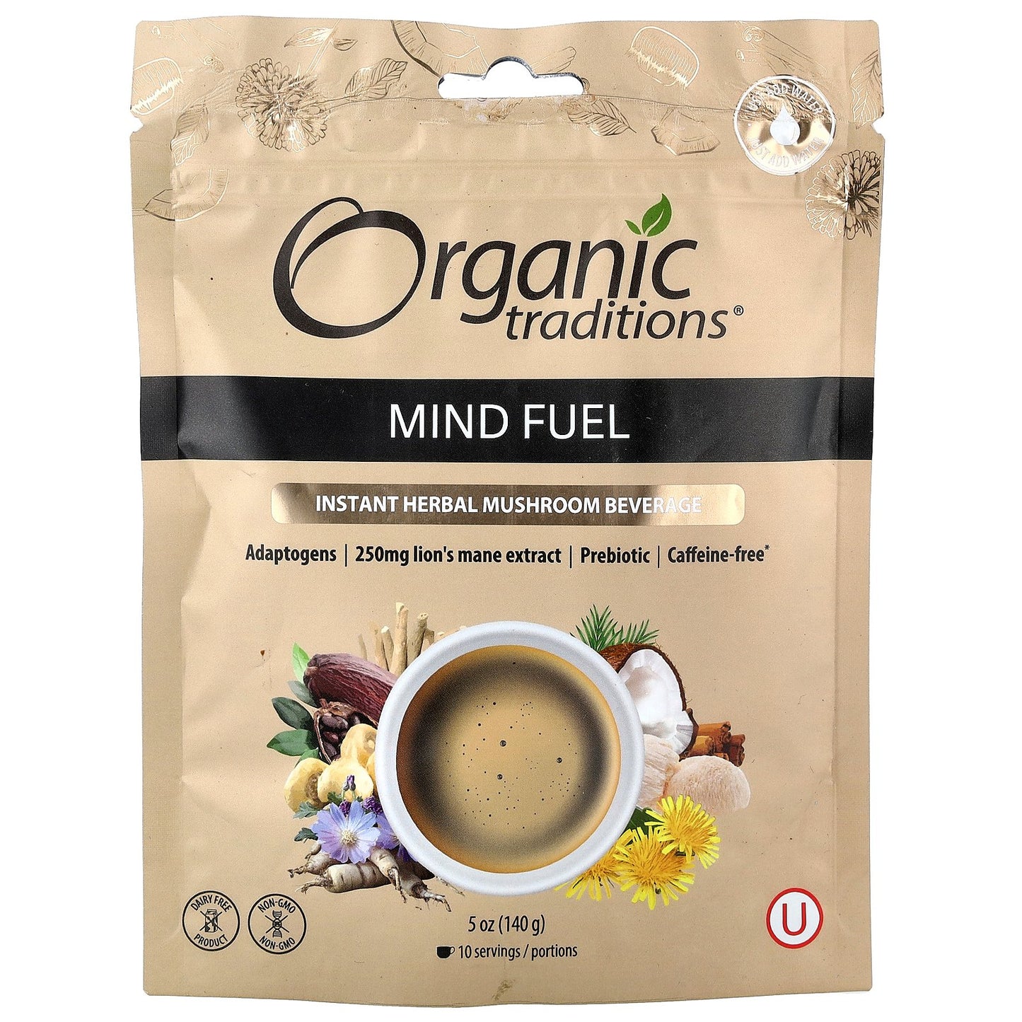 Organic Traditions, Instant Herbal Mushroom Beverage, Mind Fuel, Caffeine Free, 5 oz (140 g)