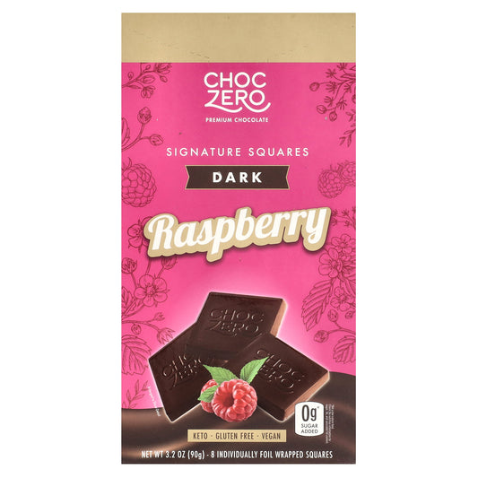 ChocZero, Signature Squares, Dark Chocolate, Raspberry, 8 Individually Foil Wrapped Squares, 3.2 oz (90 g)