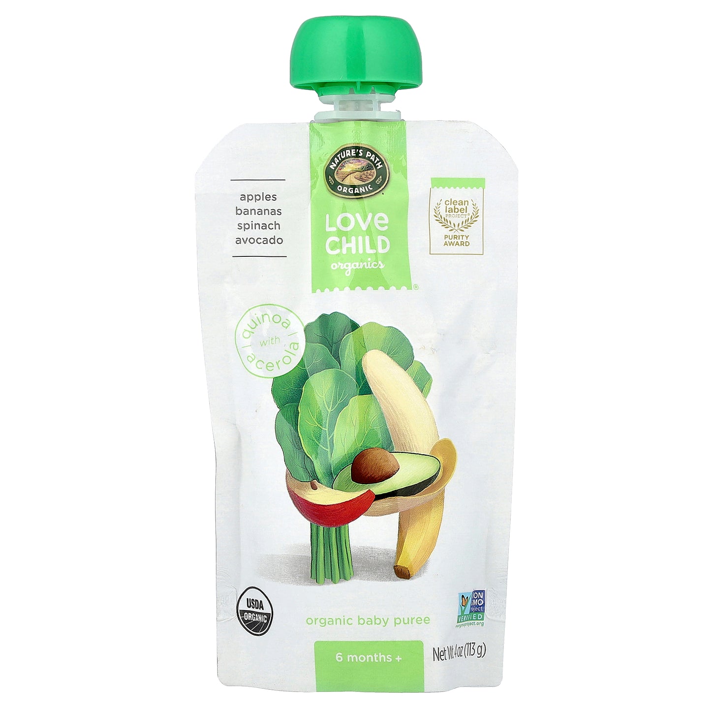 Love Child Organics, Nature's Path, Organic Baby Puree, 6 Months+, Apples, Bananas, Spinach, Avocado, 4 oz (113 g)