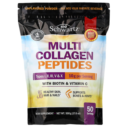 BioSchwartz, Multi Collagen Peptides Powder, Types I, II, III, V & X, With Biotin & Vitamin C, Unflavored, 17.6 oz (500 g)
