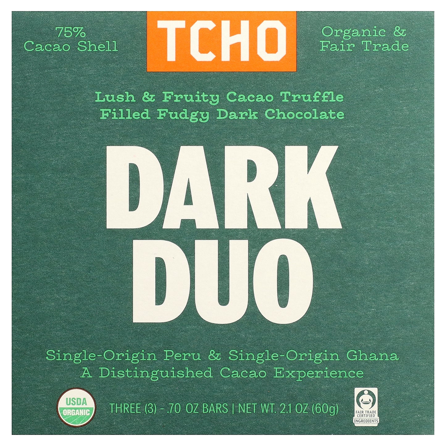 TCHO, Dark Duo, Cacao Truffle Filled Fudgy Dark Chocolate, 75% Cacao Shell, 3 Bars, 0.70 oz Each
