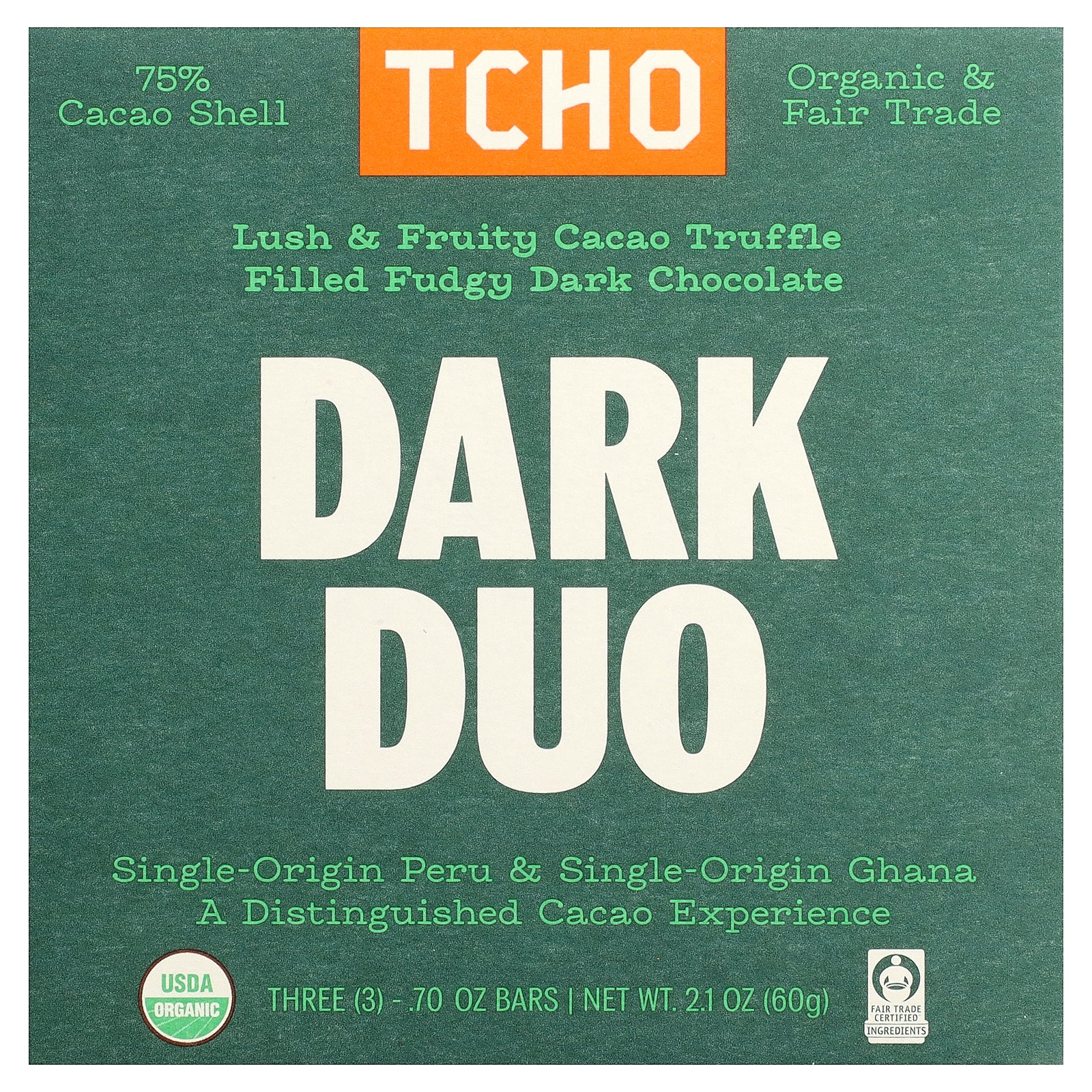 TCHO, Dark Duo, Cacao Truffle Filled Fudgy Dark Chocolate, 75% Cacao Shell, 3 Bars, 0.70 oz Each