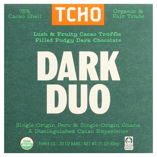 TCHO, Dark Duo, Cacao Truffle Filled Fudgy Dark Chocolate, 75% Cacao Shell, 3 Bars, 0.70 oz Each