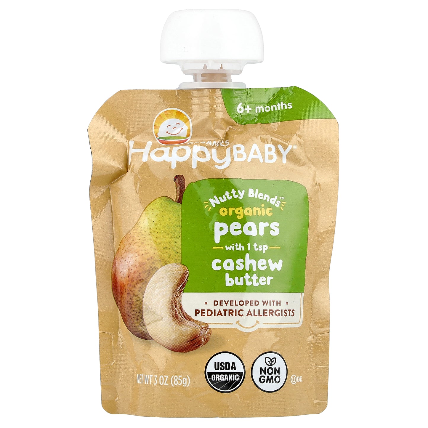 Happy Family Organics, Happy Baby®, Nutty Blends™, 6+ Months, Organic Pears & Cashew Butter, 3 oz (85 g)