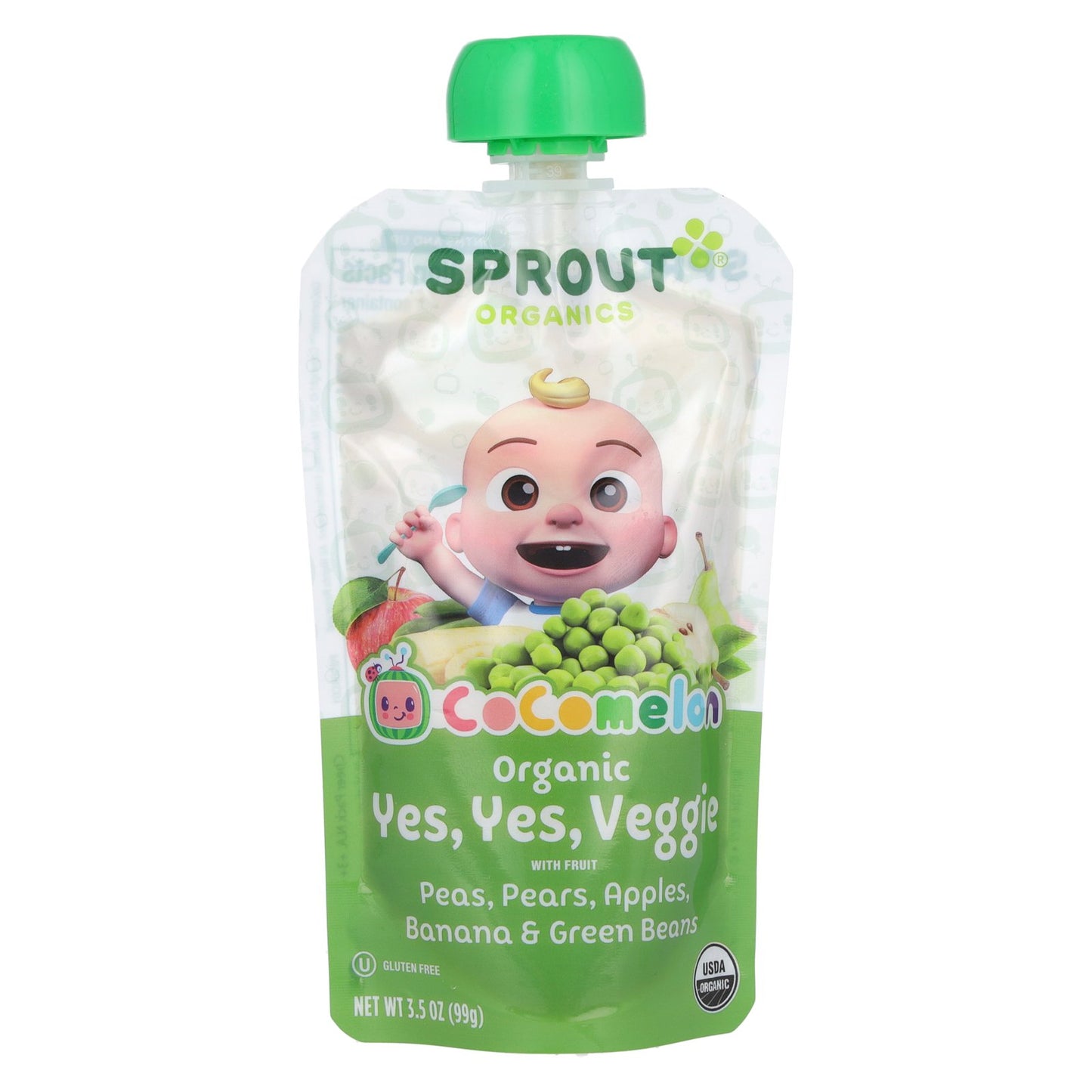 Sprout Organics, Cocomelon, Organic Yes, Yes, Veggie with Fruit, 8 Months and Up, Pea, Pears, Apples, Banana & Green Beans, 3.5 oz (99 g)