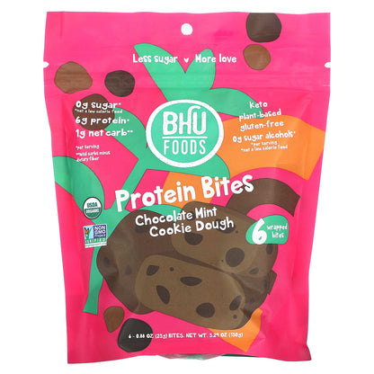 BHU Foods, Protein Bites, Chocolate Mint Cookie Dough, 6 Bites, 0.88 oz (25 g) Each