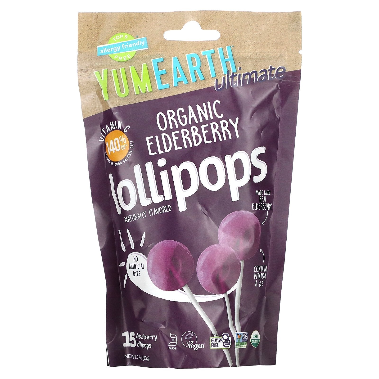 YumEarth, Ultimate, Organic Elderberry Lollipops, 15 Lollipops, 3.3 oz (93 g)