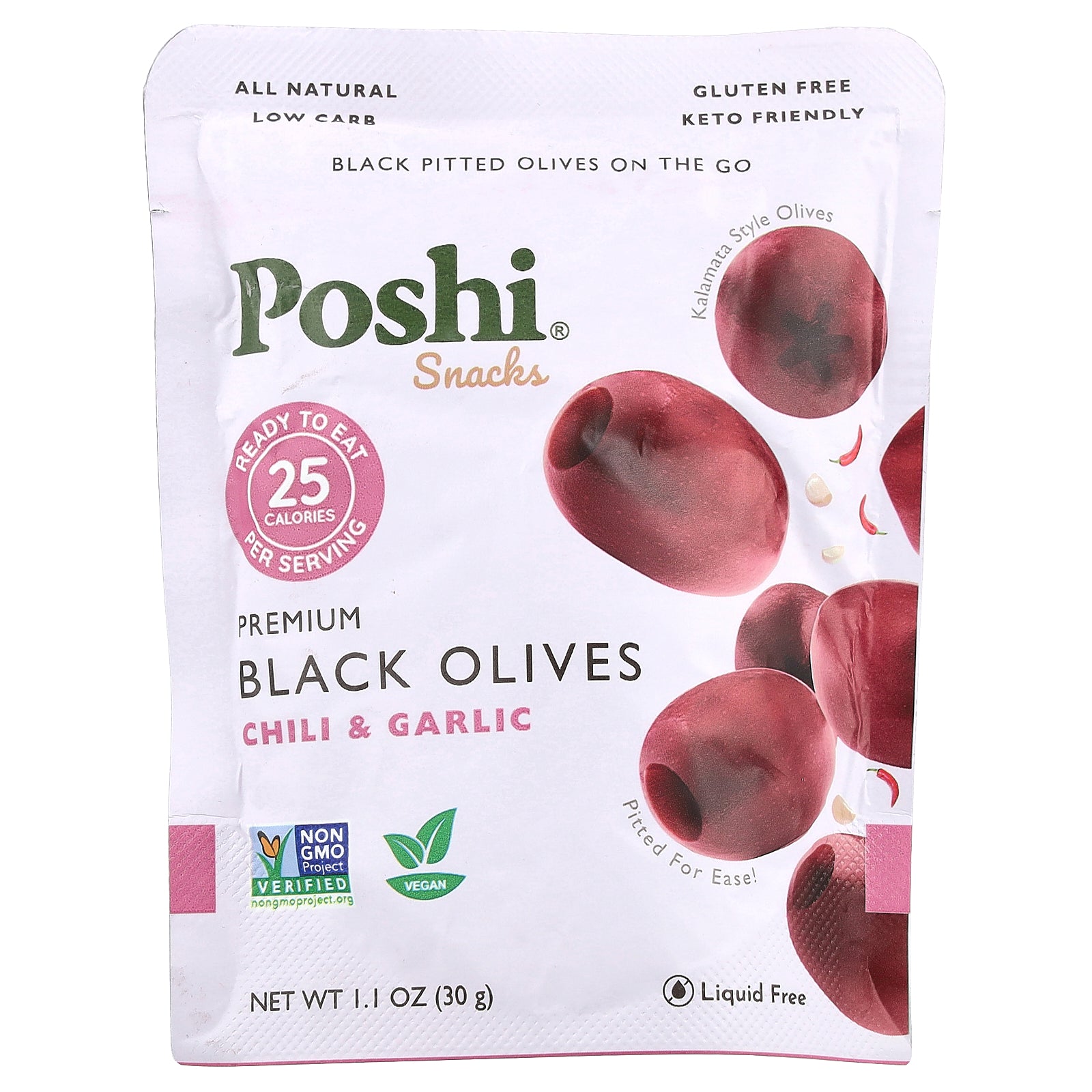 Poshi, Snacks, Premium Black Olives, Chili & Garlic, 1.1 oz (30 g)