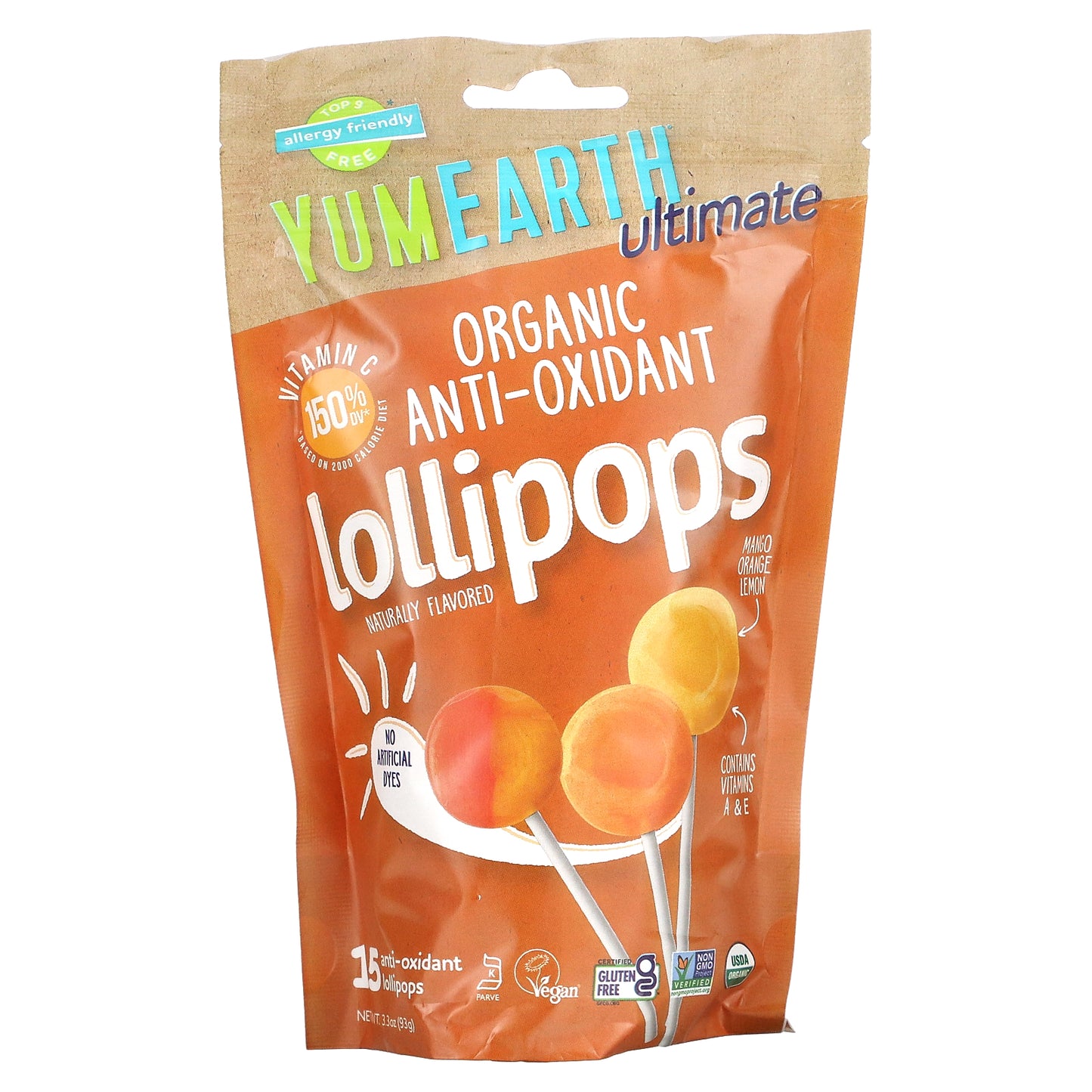 YumEarth, Ultimate, Organic Anti-Oxidant Lollipops, Mango, Orange,  Lemon, 15 Lollipops, 3.3 oz (93 g)