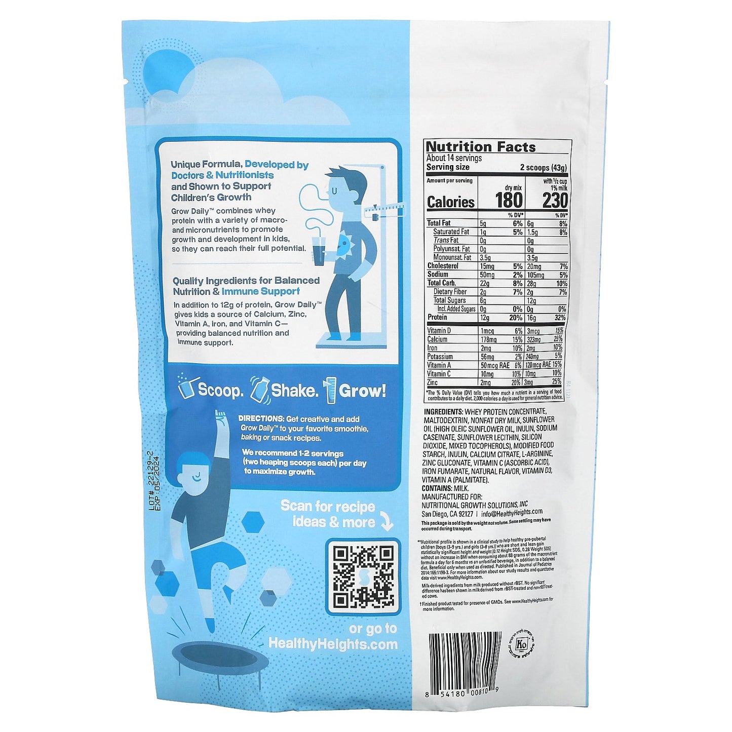 Healthy Heights, Grow Daily, Whey Protein & Nutrition Mix, For Kids 3+, Plain, 21.7 oz (616 g)