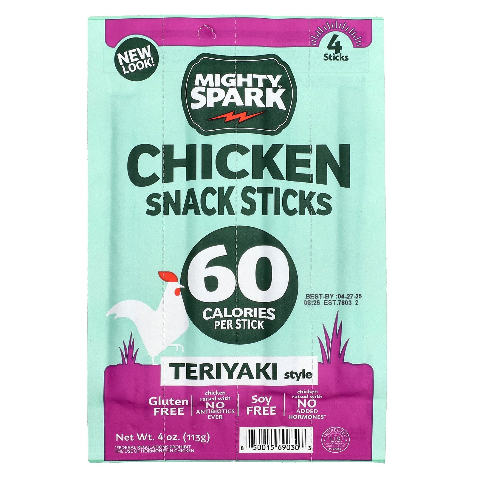 Mighty Spark, Chicken Snack Sticks, Teriyaki Style, 4 Sticks