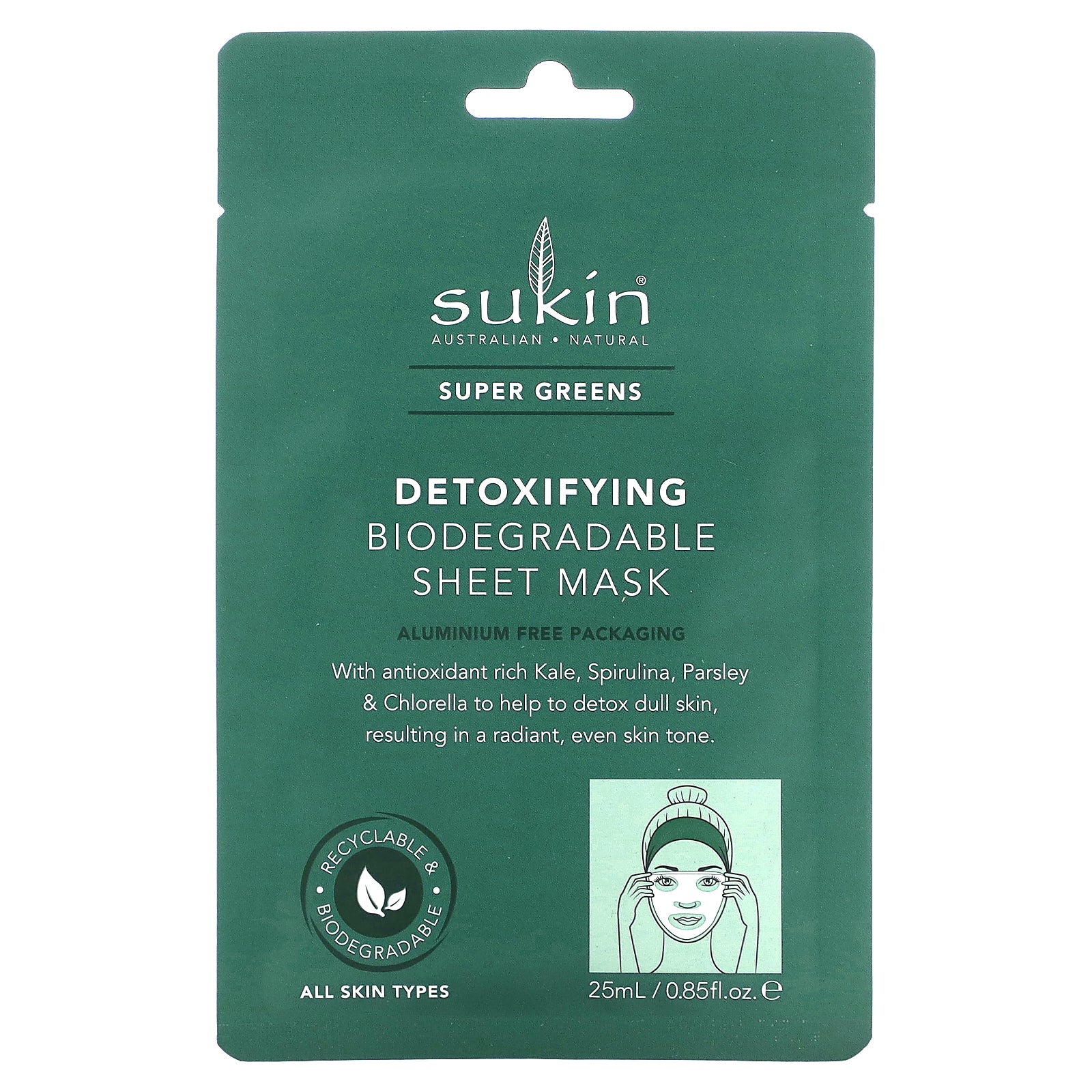 Sukin, Super Greens, Detoxifying Biodegradable Beauty Sheet Mask, 1 Sheet, 0.85 fl oz (25 ml)