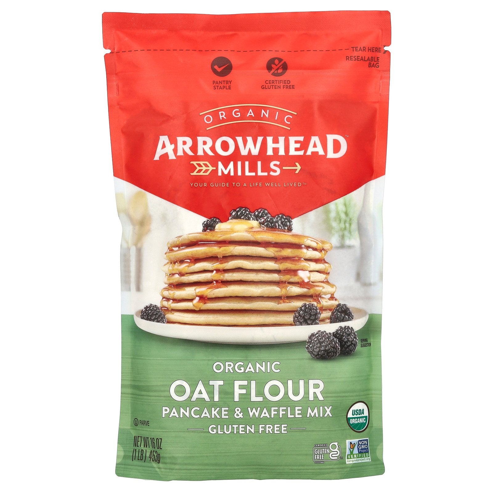 Arrowhead Mills, Organic Oat Flour Pancake & Waffle Mix, Gluten Free, 16 oz (453 g)