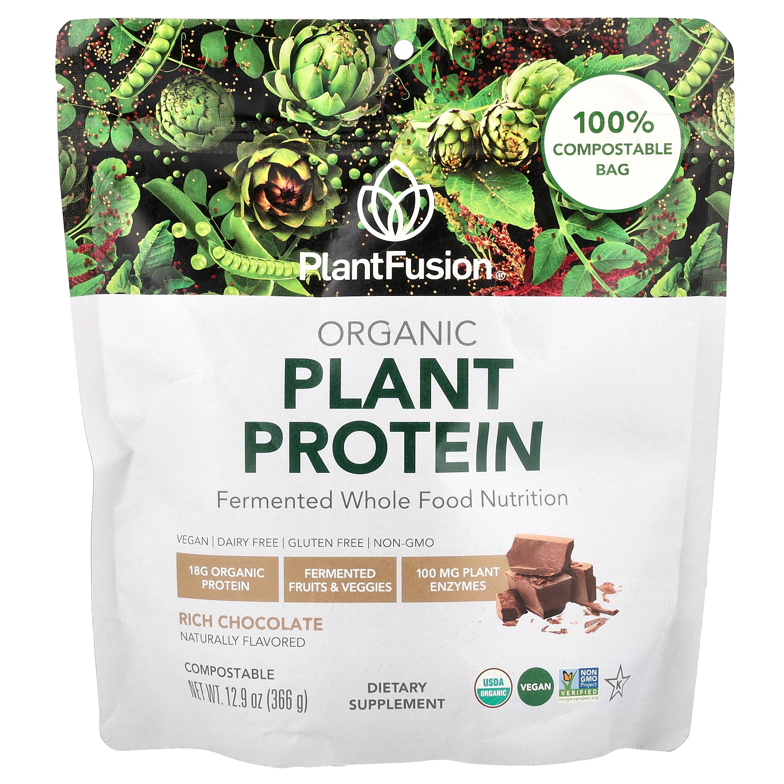 PlantFusion, Organic Plant Protein, Rich Chocolate, 12.9 oz (366 g)