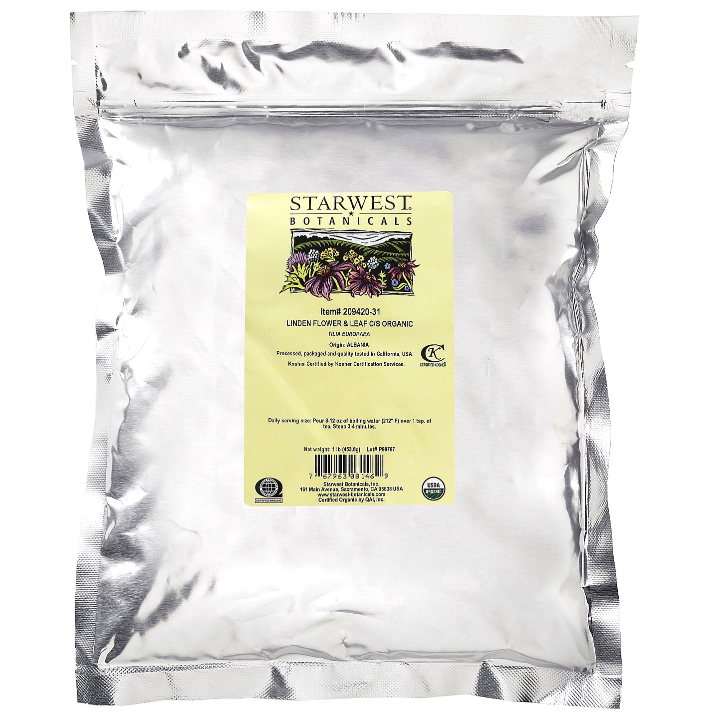 Starwest Botanicals, Organic Linden Flower & Leaf, Cut & Sifted, 1 lb (453.6 g)