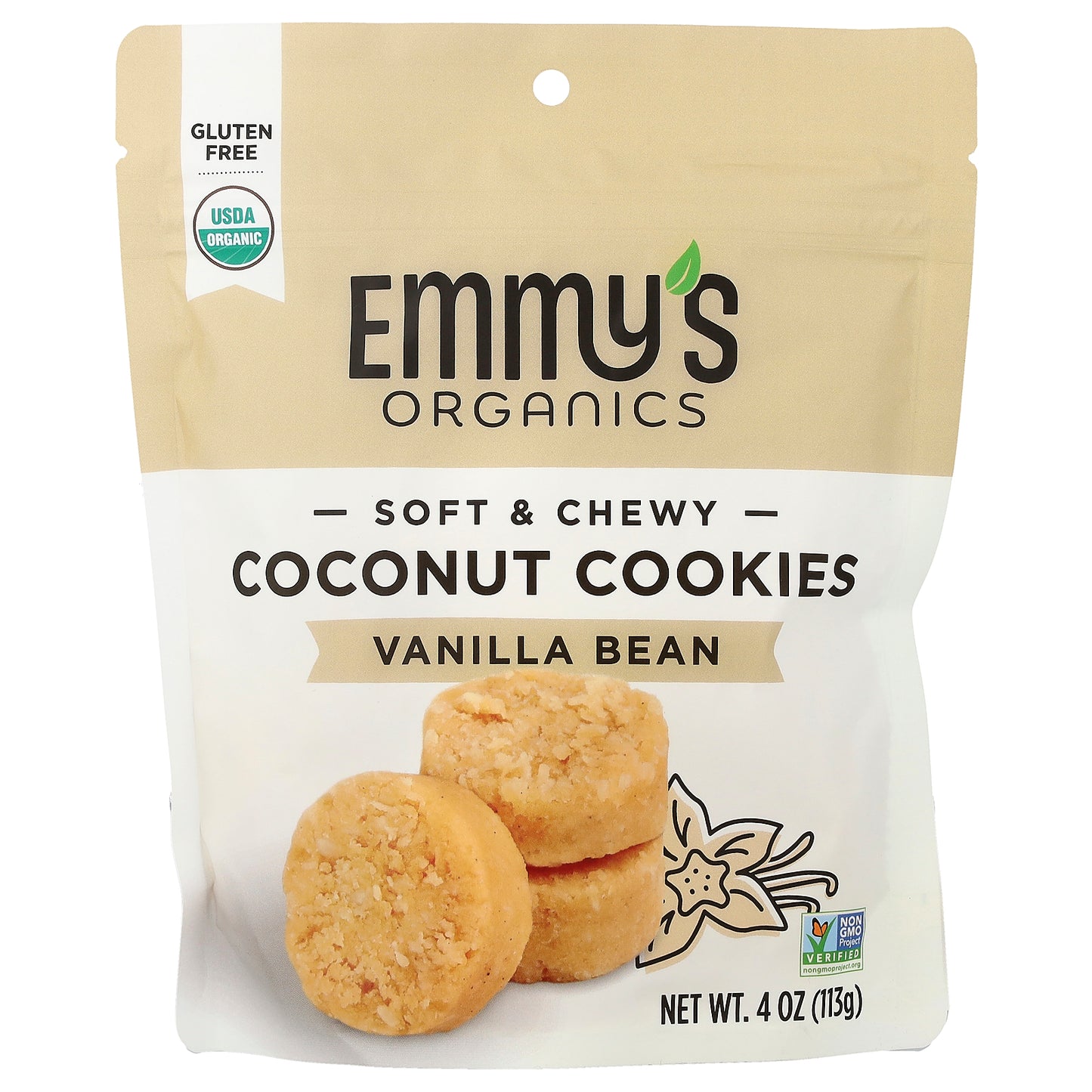 Emmy's Organic Cookies, Soft & Chewy Coconut Cookies, Vanilla Bean, 4 oz (113 g)