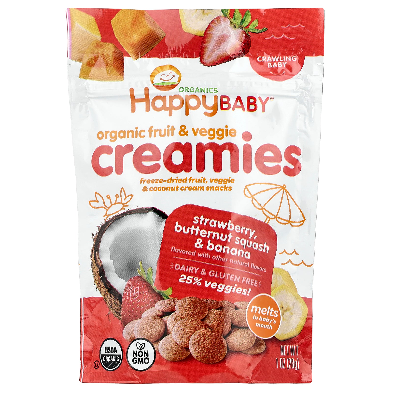 Happy Family Organics, Happy Baby, Organic Fruit & Veggie Creamies, Crawling Baby, Strawberry, Butternut Squash & Banana, 1 oz (28 g)
