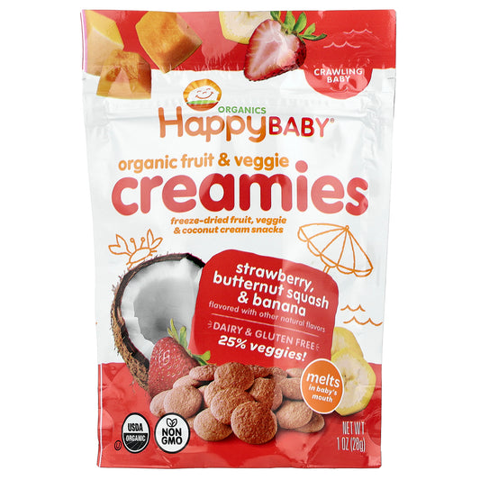 Happy Family Organics, Happy Baby, Organic Fruit & Veggie Creamies, Crawling Baby, Strawberry, Butternut Squash & Banana, 1 oz (28 g)