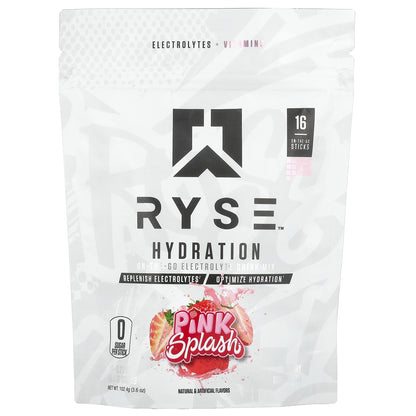 RYSE, Hydration, On-The-Go Electrolyte Drink Mix, Pink Splash, 16 Sticks, 0.23 oz (6.4 g) Each