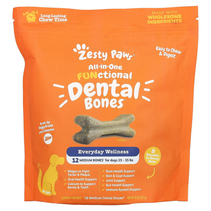 Zesty Paws, All-in-One Functional Dental Bones, For Dogs, All Ages, Cinnamon, 12 Medium Dental Bones, 8 oz (227 g)