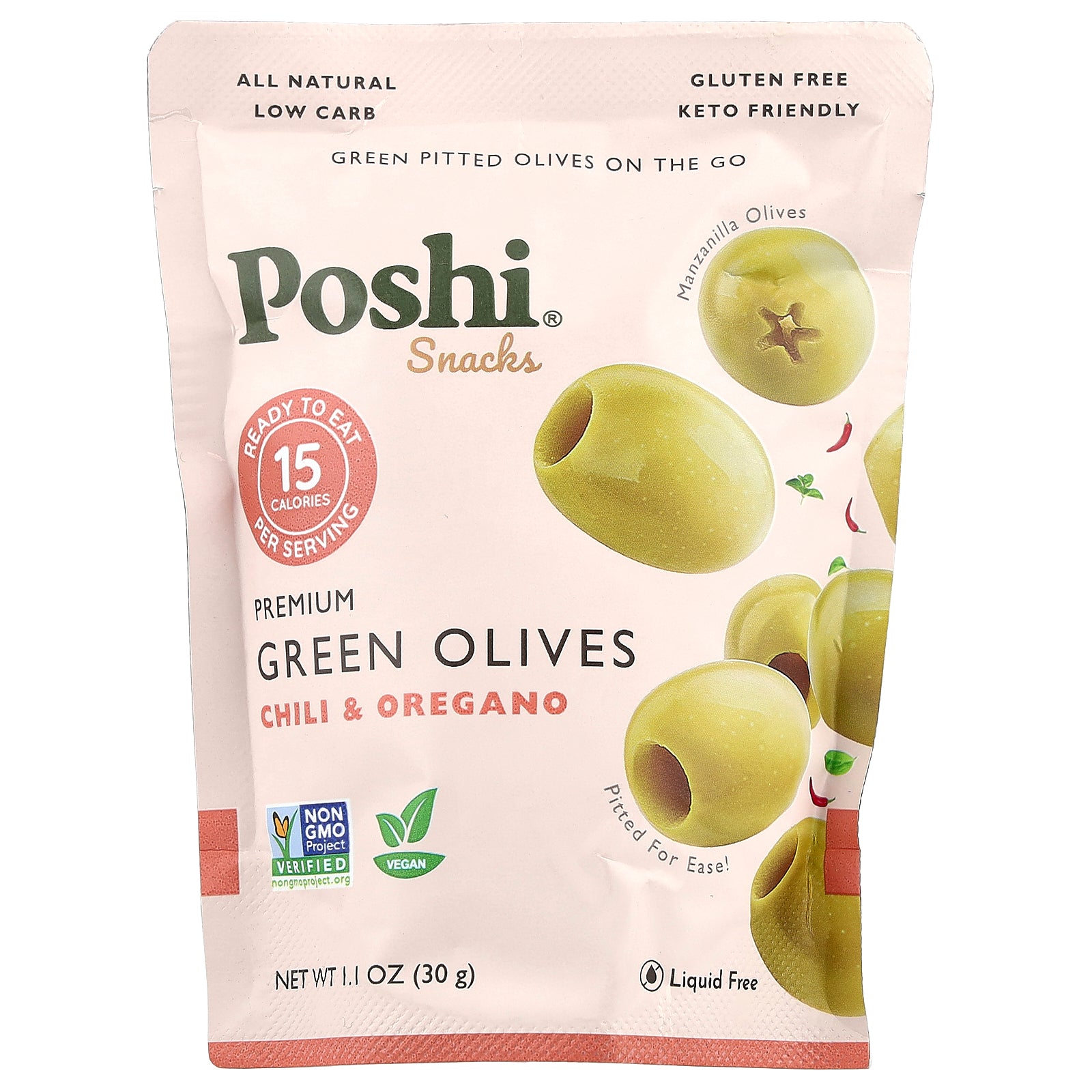 Poshi, Snacks, Premium Green Olives, Chili & Oregano, 1.1 oz (30 g)