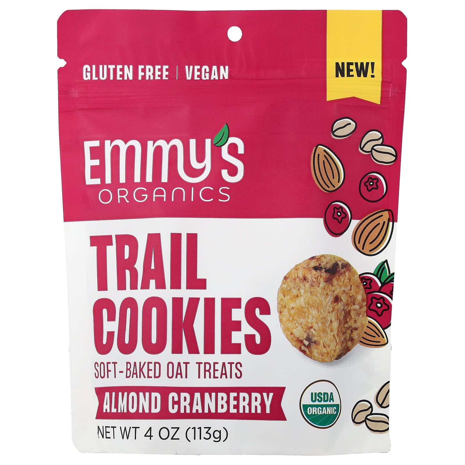 Emmy's Organic Cookies, Trail Cookies, Soft-Baked Oat Treats, Almond Cranberry, 4 oz (113 g)