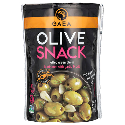 Gaea, Olive Snack, Pitted Green Olives, Marinated With Garlic & Dill, 2.3 oz (65 g)