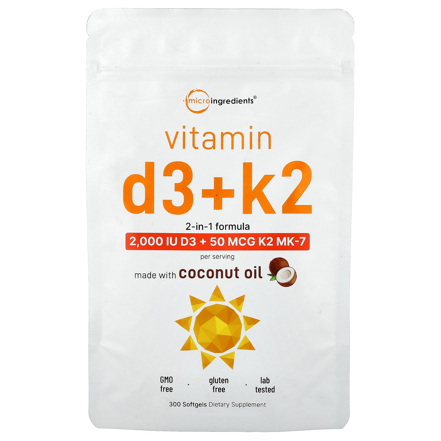 Micro Ingredients, Vitamin D3 + K2, 300 Softgels