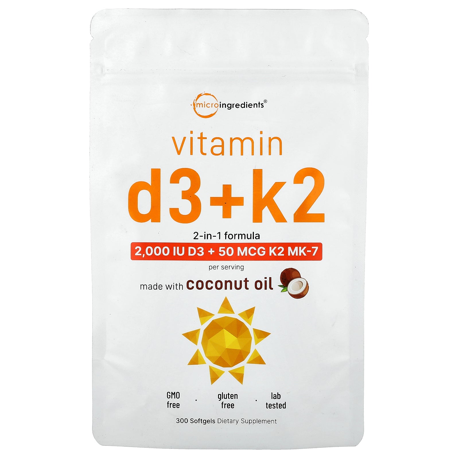 Micro Ingredients, Vitamin D3 + K2, 300 Softgels