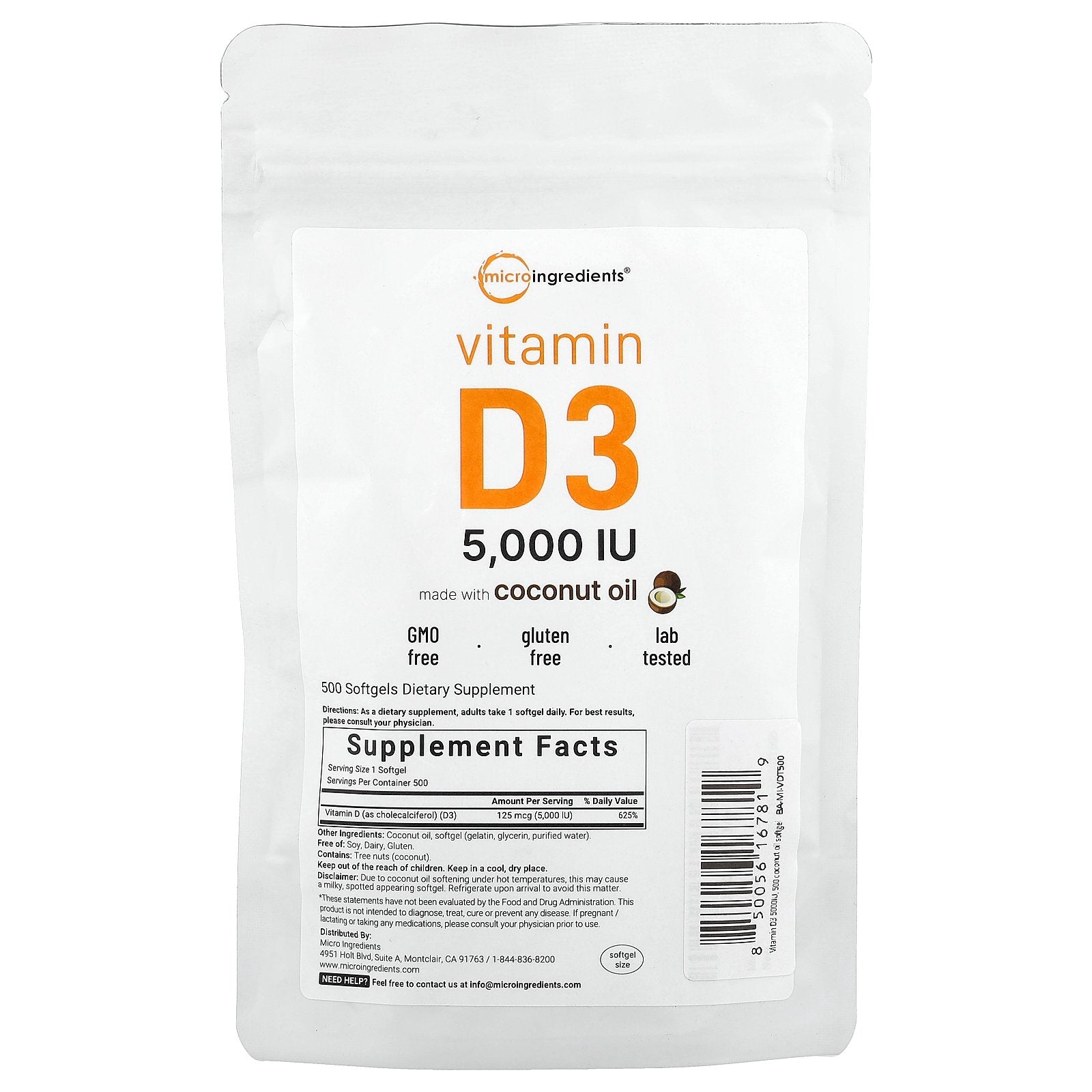 Micro Ingredients, Vitamin D3 , 5,000 IU, 500 Softgels