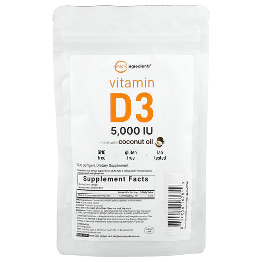 Micro Ingredients, Vitamin D3 , 5,000 IU, 500 Softgels