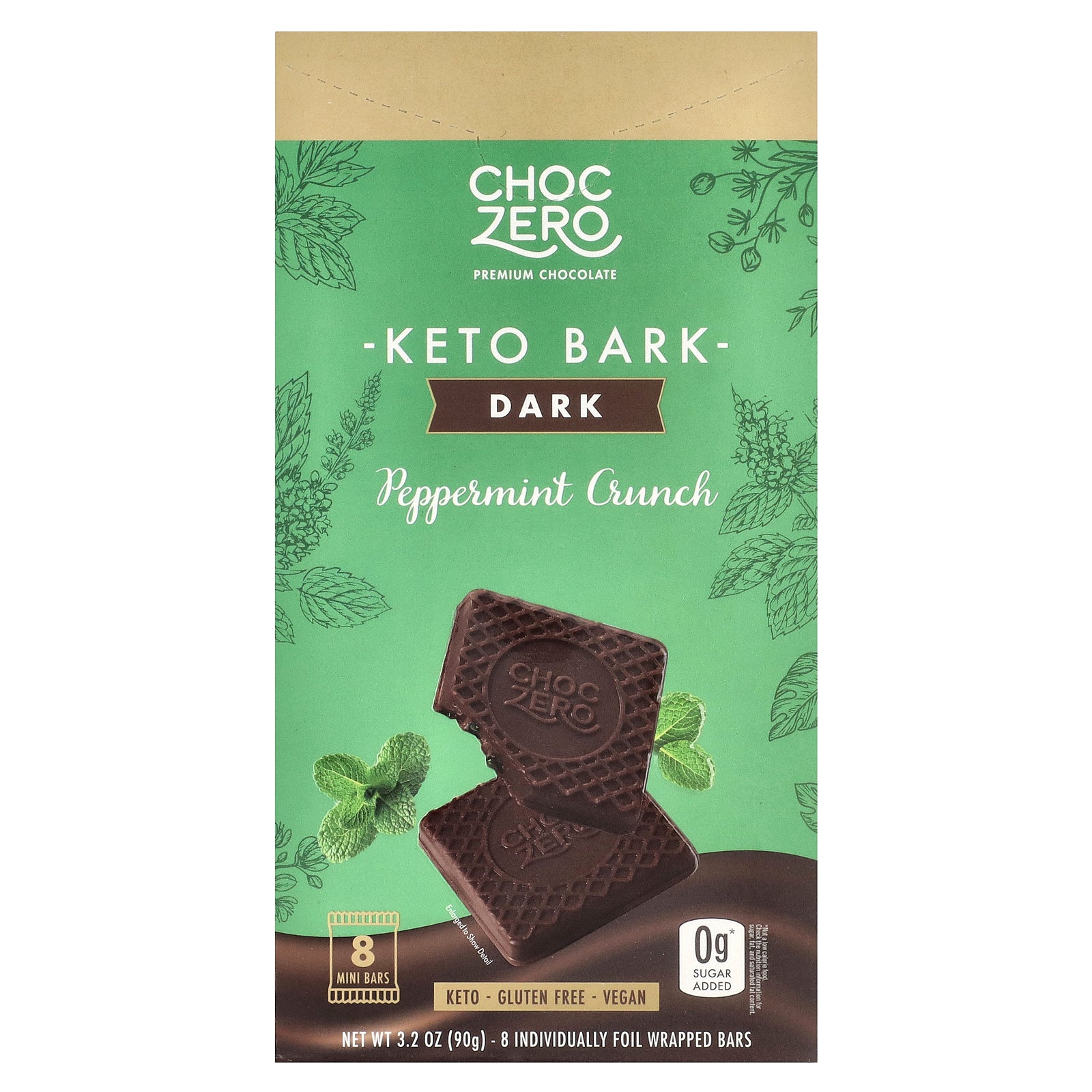 ChocZero, Keto Bark, Dark Chocolate, Peppermint Crunch, 8 individually Foil Wrapped Bars, 3.2 oz (90 g)